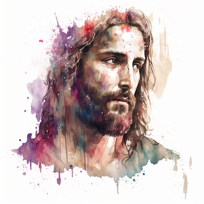 Jesus_Christ_in_watercolour Midjourney AI, prompted by Netha Hussain, CC0, via Wikimedia Commons