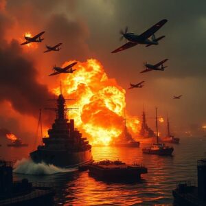 Japanese planes dive bombing american warships in a harbour